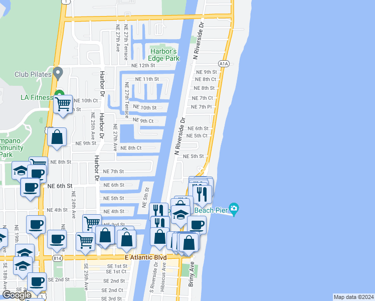 map of restaurants, bars, coffee shops, grocery stores, and more near 7 Northeast 5th Street in Pompano Beach