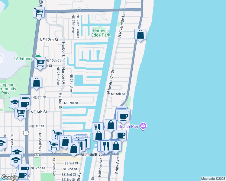map of restaurants, bars, coffee shops, grocery stores, and more near 7 Northeast 5th Street in Pompano Beach