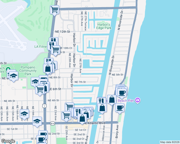 map of restaurants, bars, coffee shops, grocery stores, and more near 2741 Northeast 8th Street in Pompano Beach