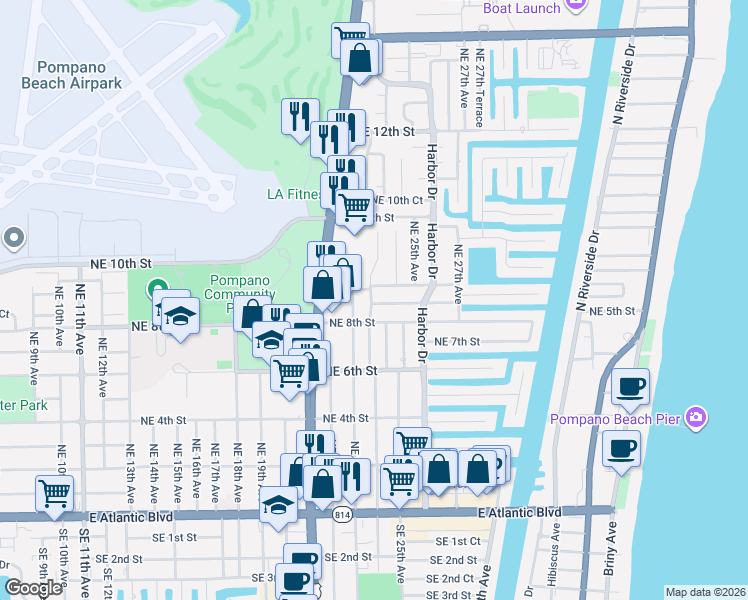 map of restaurants, bars, coffee shops, grocery stores, and more near 2311 Northeast 8th Street in Pompano Beach