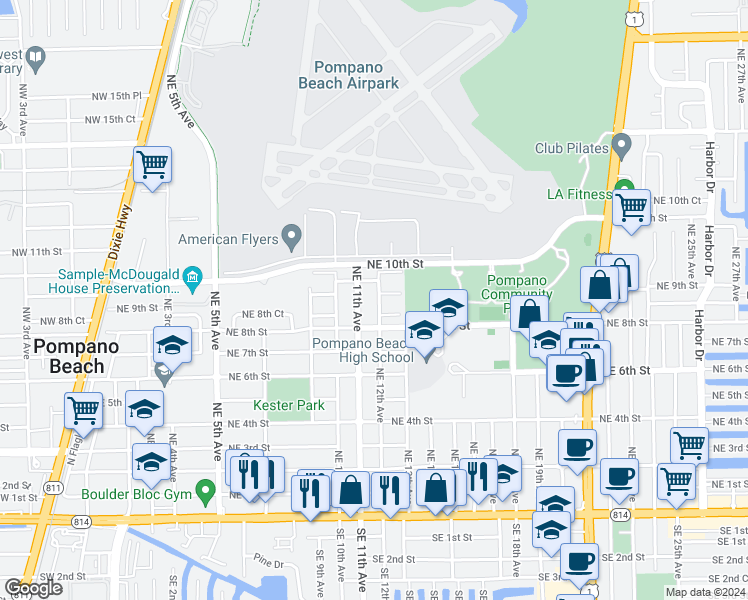 map of restaurants, bars, coffee shops, grocery stores, and more near 815 Northeast 12th Avenue in Pompano Beach