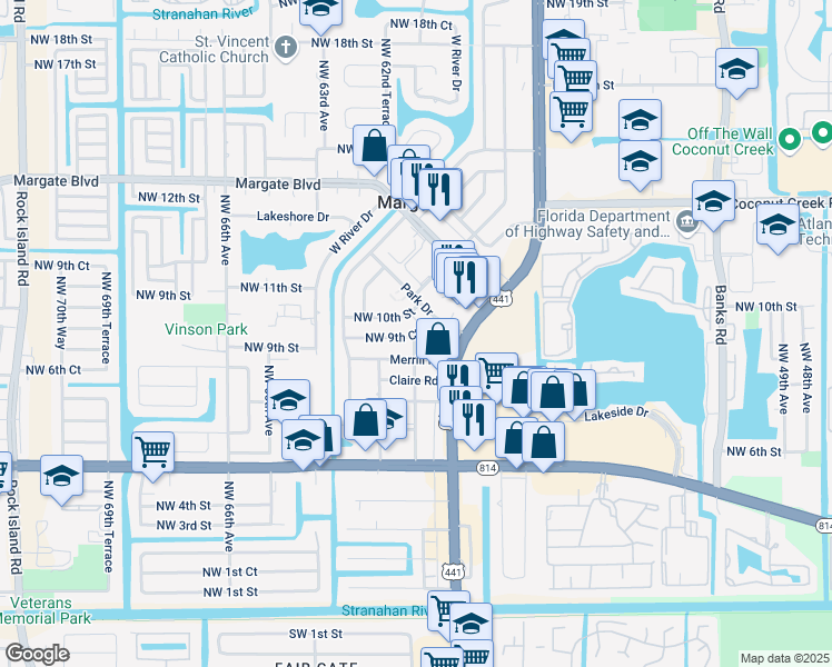 map of restaurants, bars, coffee shops, grocery stores, and more near 6101 Northwest 9th Street in Margate