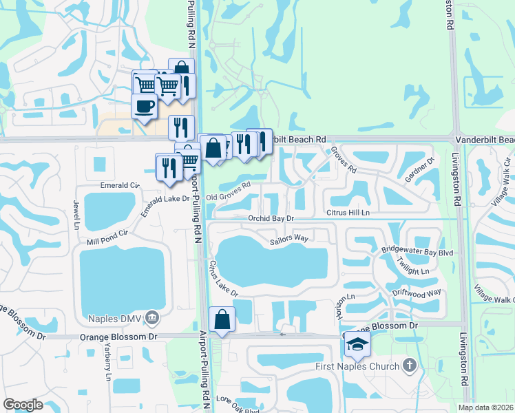 map of restaurants, bars, coffee shops, grocery stores, and more near 7600 Airport-Pulling Road in Naples