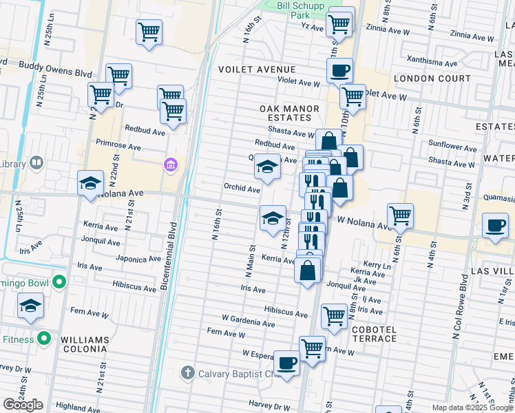 map of restaurants, bars, coffee shops, grocery stores, and more near 1406 Marigold Avenue in McAllen