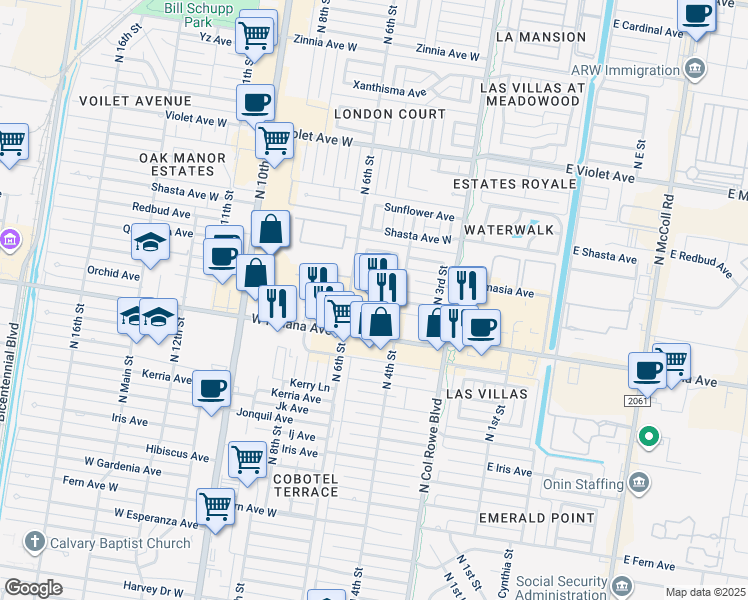 map of restaurants, bars, coffee shops, grocery stores, and more near 400 West Nolana Avenue in McAllen