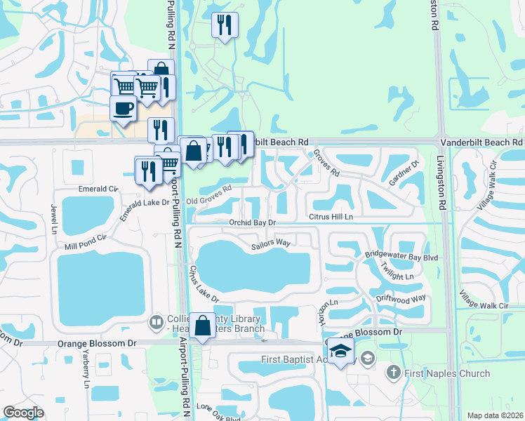 map of restaurants, bars, coffee shops, grocery stores, and more near 7455 Jacaranda Park Road in Naples