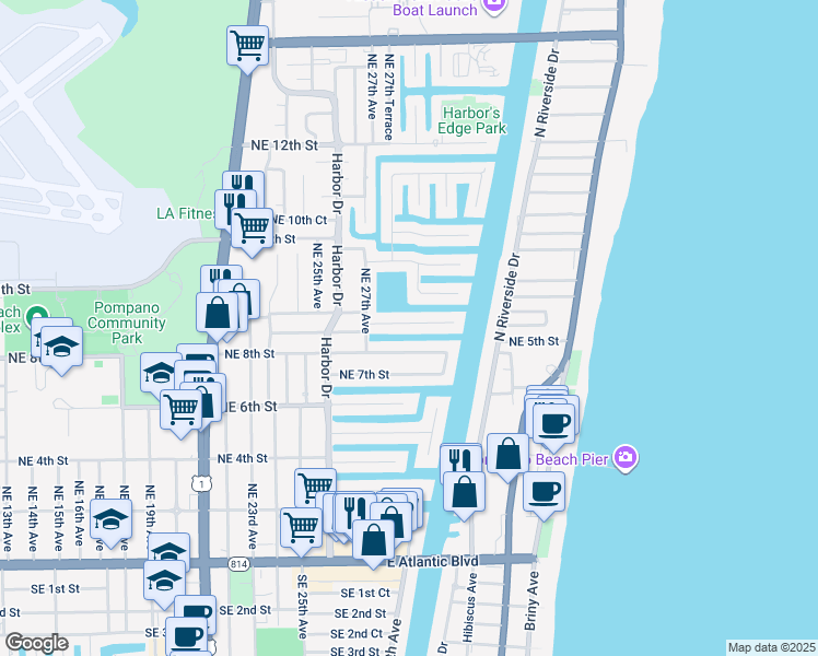 map of restaurants, bars, coffee shops, grocery stores, and more near 2741 Northeast 8th Street in Pompano Beach