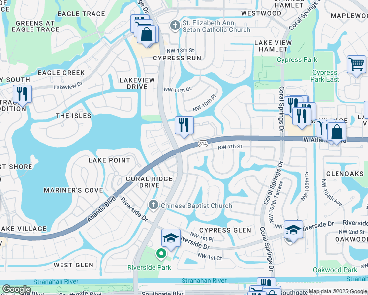 map of restaurants, bars, coffee shops, grocery stores, and more near 11331 West Atlantic Boulevard in Coral Springs