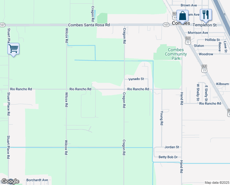 map of restaurants, bars, coffee shops, grocery stores, and more near 17430 Rio Rancho Rd in Harlingen