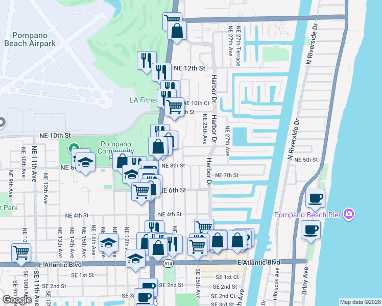 map of restaurants, bars, coffee shops, grocery stores, and more near 2311 Northeast 8th Street in Pompano Beach