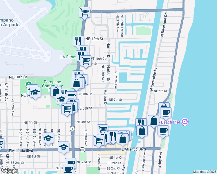 map of restaurants, bars, coffee shops, grocery stores, and more near 2601 Northeast 8th Court in Pompano Beach