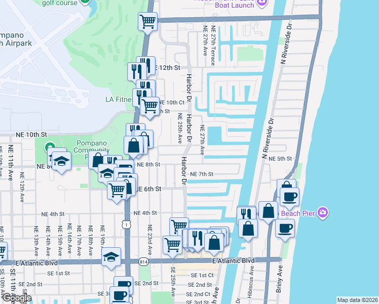 map of restaurants, bars, coffee shops, grocery stores, and more near 2675 Northeast 8th Street in Pompano Beach