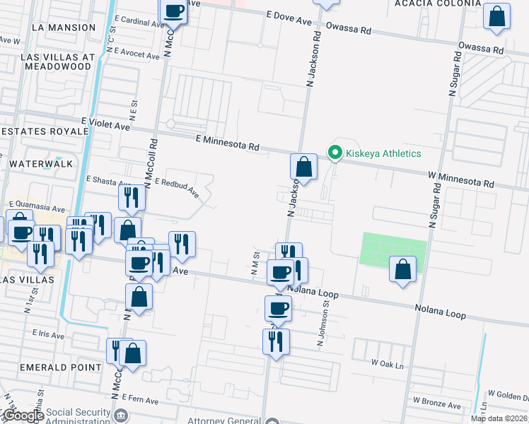 map of restaurants, bars, coffee shops, grocery stores, and more near 1323 East Primrose Avenue in McAllen