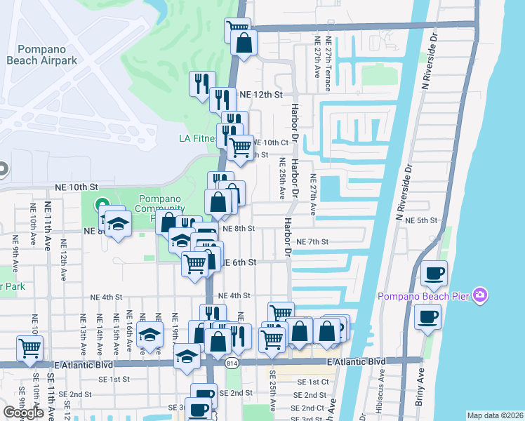 map of restaurants, bars, coffee shops, grocery stores, and more near 2311 Northeast 8th Street in Pompano Beach