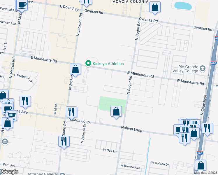 map of restaurants, bars, coffee shops, grocery stores, and more near 1407 West Kiwi Avenue in Pharr