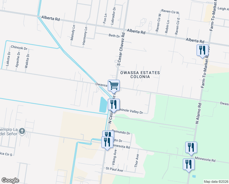map of restaurants, bars, coffee shops, grocery stores, and more near 2740 Cesar Chavez Road in Alamo