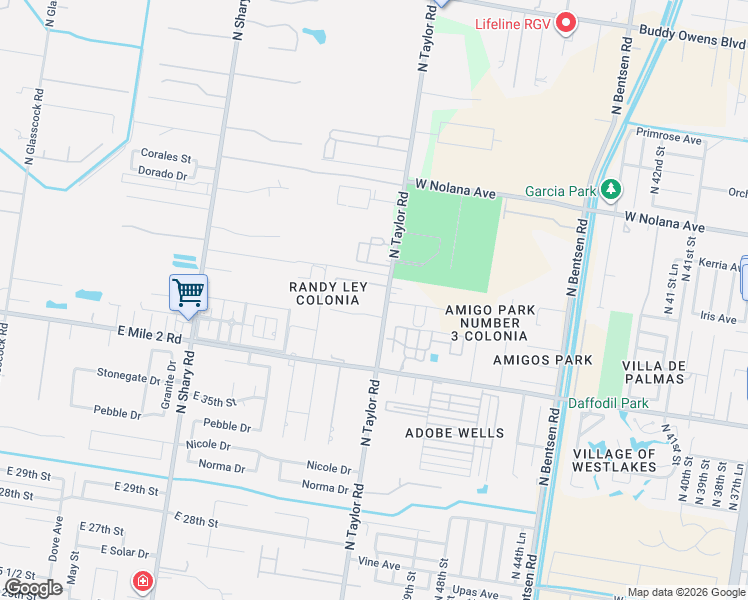 map of restaurants, bars, coffee shops, grocery stores, and more near 2706 East Bluebonnet Lane in Mission