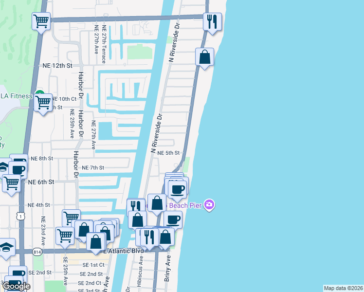 map of restaurants, bars, coffee shops, grocery stores, and more near 525 North Ocean Boulevard in Pompano Beach