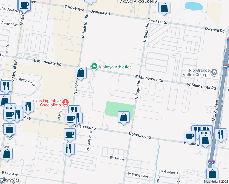 map of restaurants, bars, coffee shops, grocery stores, and more near 1407 West Kiwi Avenue in Pharr