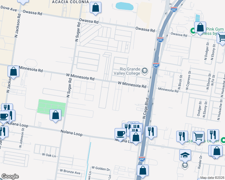 map of restaurants, bars, coffee shops, grocery stores, and more near 701 W Minnesota Rd in Pharr