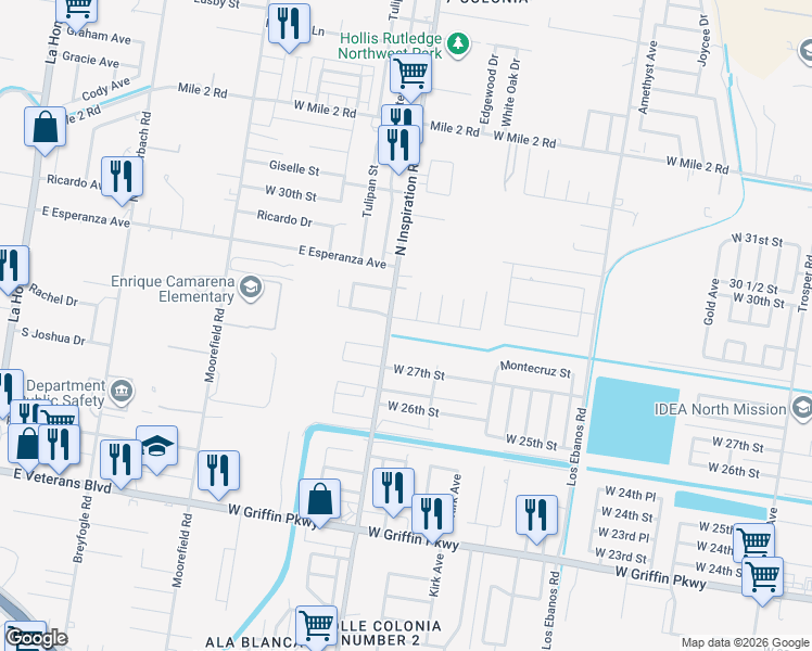 map of restaurants, bars, coffee shops, grocery stores, and more near 2703 North Inspiration Road in Mission