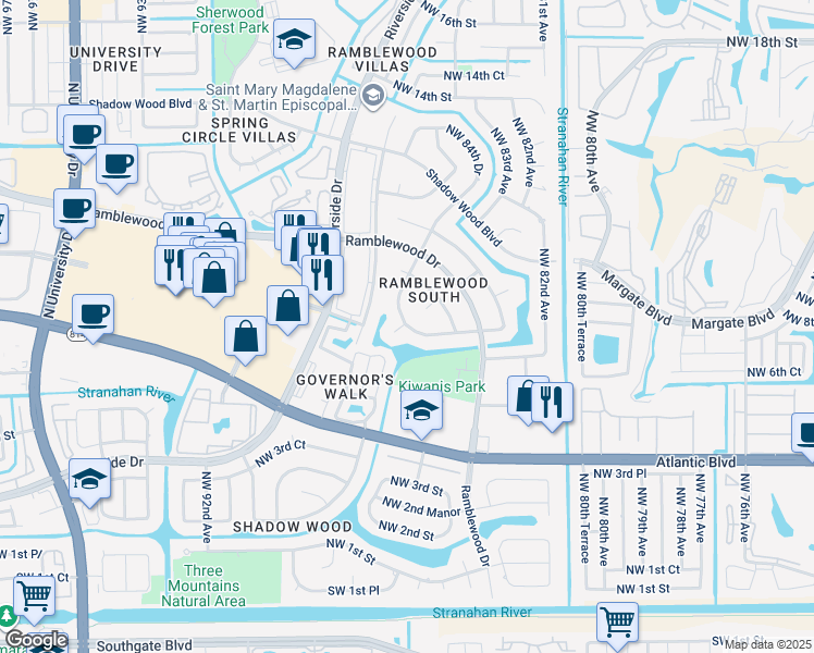 map of restaurants, bars, coffee shops, grocery stores, and more near 8566 Northwest 7th Street in Coral Springs