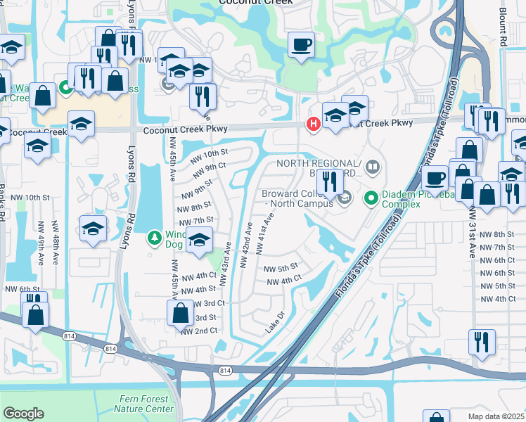 map of restaurants, bars, coffee shops, grocery stores, and more near 4111 Northwest 7th Street in Coconut Creek