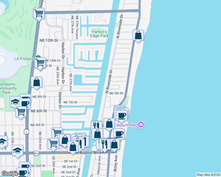 map of restaurants, bars, coffee shops, grocery stores, and more near 7 Northeast 5th Street in Pompano Beach
