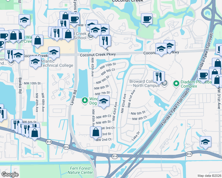 map of restaurants, bars, coffee shops, grocery stores, and more near 700 Northwest 44th Avenue in Coconut Creek