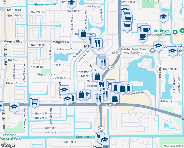 map of restaurants, bars, coffee shops, grocery stores, and more near 6101 Northwest 9th Street in Margate