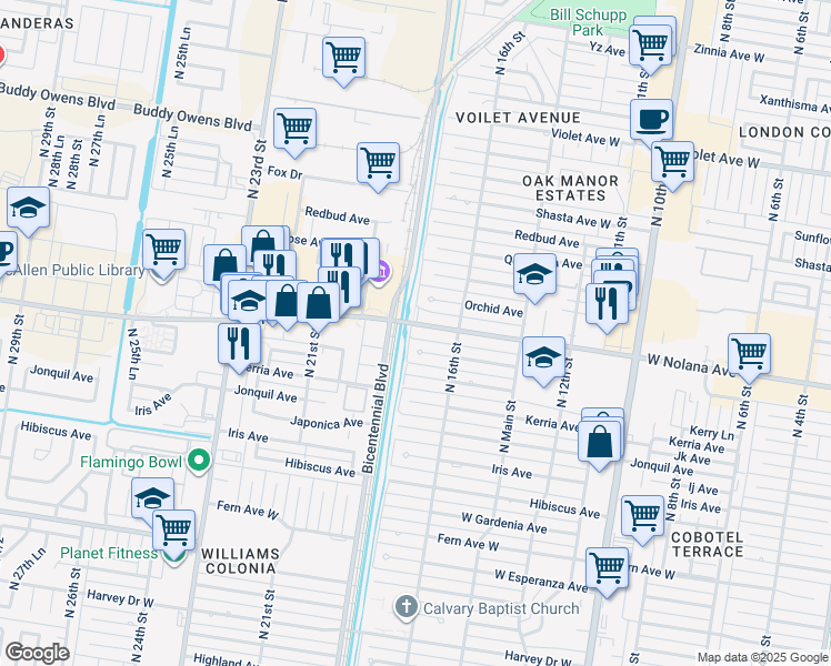 map of restaurants, bars, coffee shops, grocery stores, and more near 1707 Marigold Avenue in McAllen