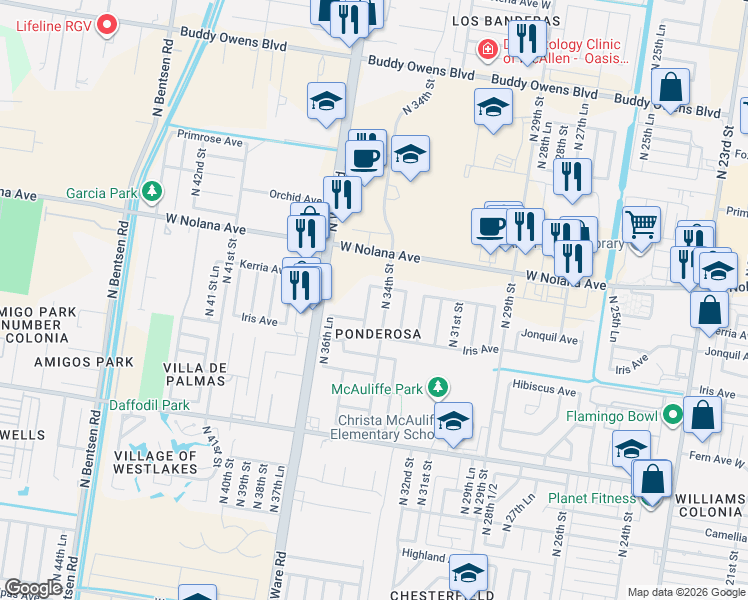 map of restaurants, bars, coffee shops, grocery stores, and more near 3516 North 34th Street in McAllen