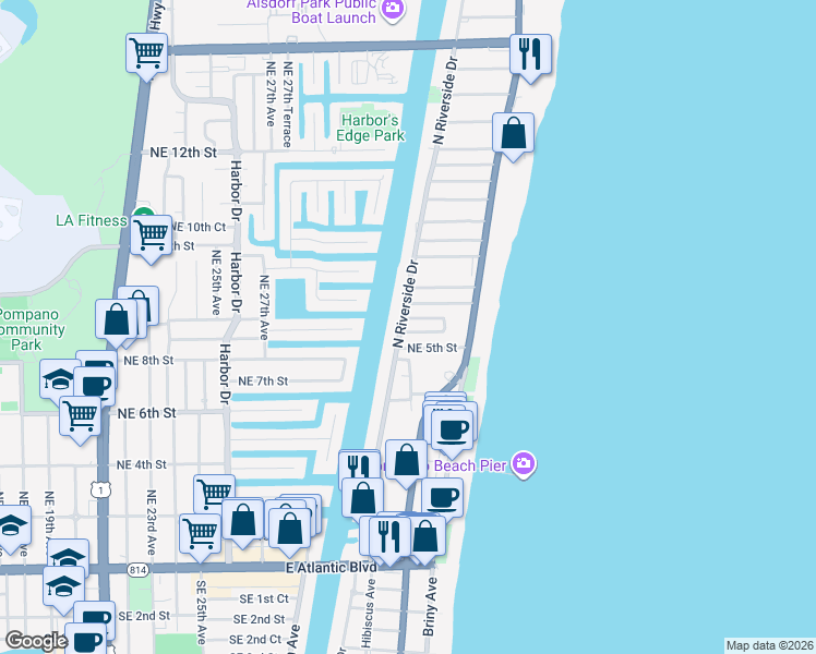 map of restaurants, bars, coffee shops, grocery stores, and more near 57 North Riverside Drive in Pompano Beach