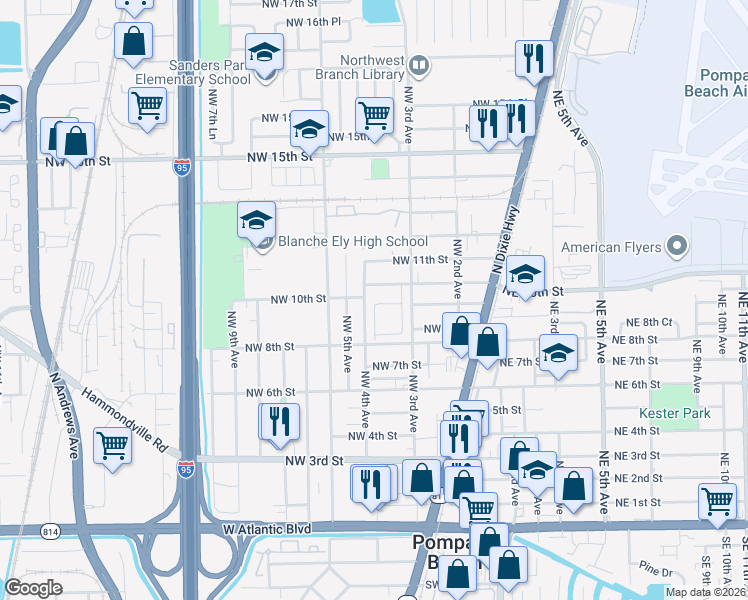 map of restaurants, bars, coffee shops, grocery stores, and more near 350 Northwest 10th Street in Pompano Beach