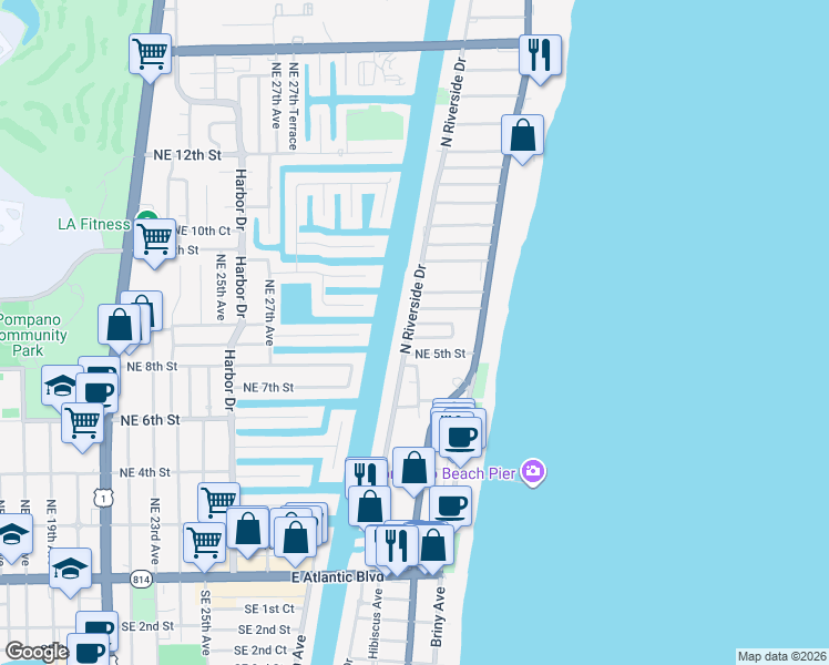 map of restaurants, bars, coffee shops, grocery stores, and more near 57 North Riverside Drive in Pompano Beach
