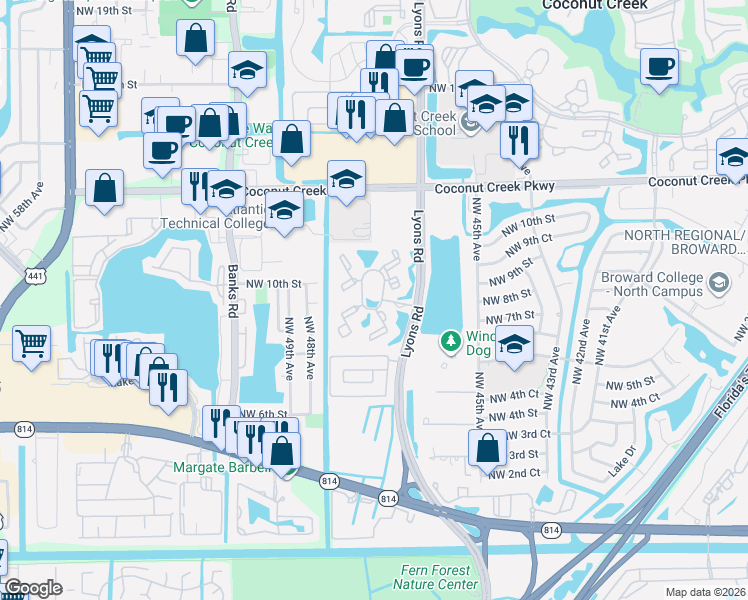 map of restaurants, bars, coffee shops, grocery stores, and more near 971 Lyons Road in Coconut Creek