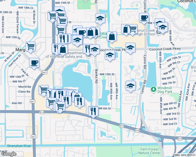map of restaurants, bars, coffee shops, grocery stores, and more near 801 Banks Road in Margate