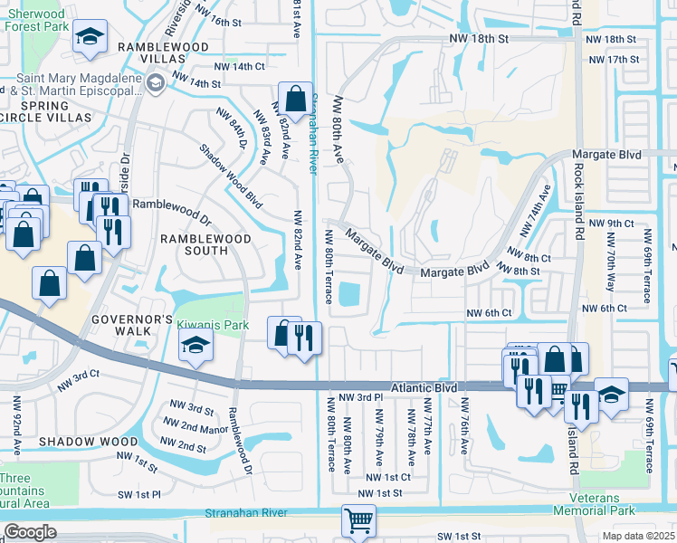 map of restaurants, bars, coffee shops, grocery stores, and more near 855 Northwest 80th Terrace in Margate