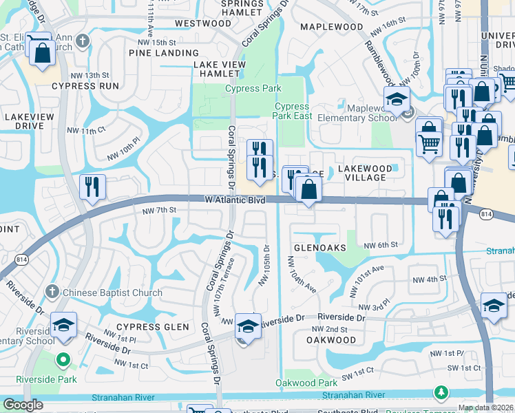 map of restaurants, bars, coffee shops, grocery stores, and more near 10617 West Atlantic Boulevard in Coral Springs