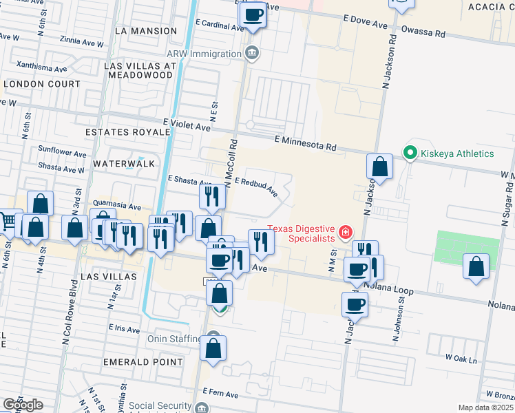 map of restaurants, bars, coffee shops, grocery stores, and more near 900 East Redbud Avenue in McAllen