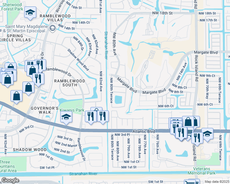 map of restaurants, bars, coffee shops, grocery stores, and more near 855 Northwest 80th Terrace in Margate