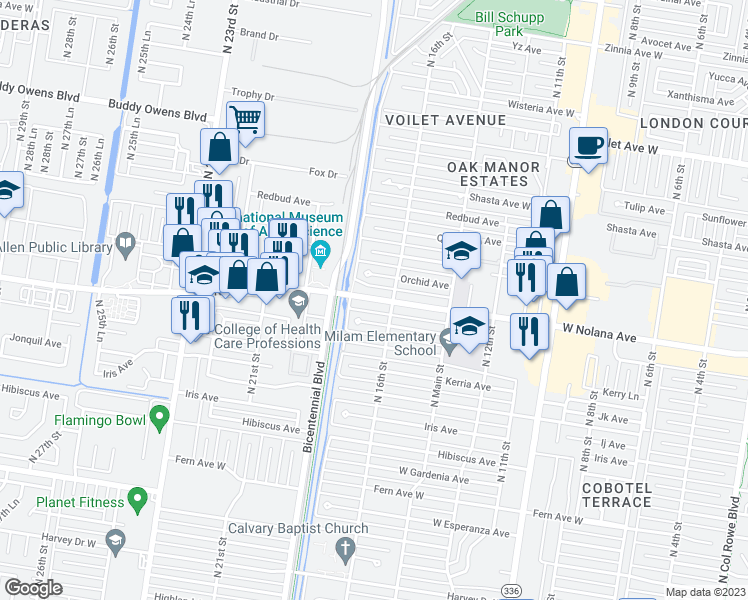 map of restaurants, bars, coffee shops, grocery stores, and more near 1615 West Nolana Avenue in McAllen