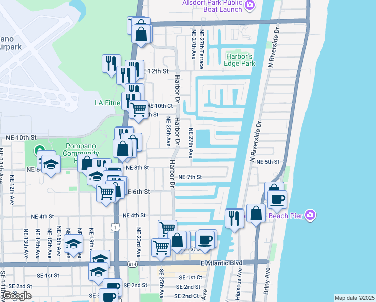 map of restaurants, bars, coffee shops, grocery stores, and more near 2695 Northeast 9th Street in Pompano Beach