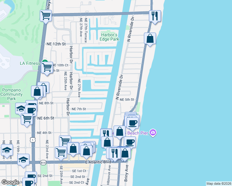 map of restaurants, bars, coffee shops, grocery stores, and more near 555 North Riverside Drive in Pompano Beach