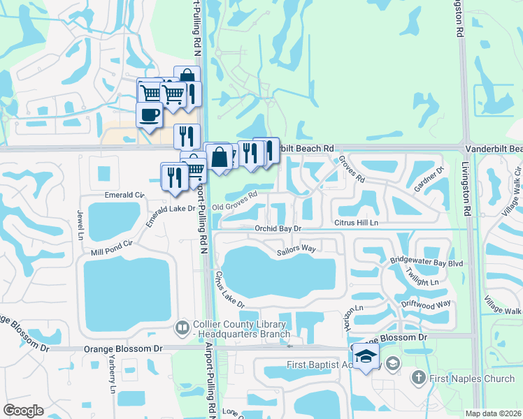 map of restaurants, bars, coffee shops, grocery stores, and more near 2475 Old Groves Road in Naples