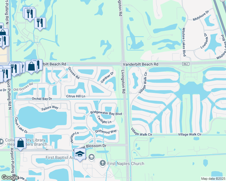 map of restaurants, bars, coffee shops, grocery stores, and more near 7656 Groves Road in Naples