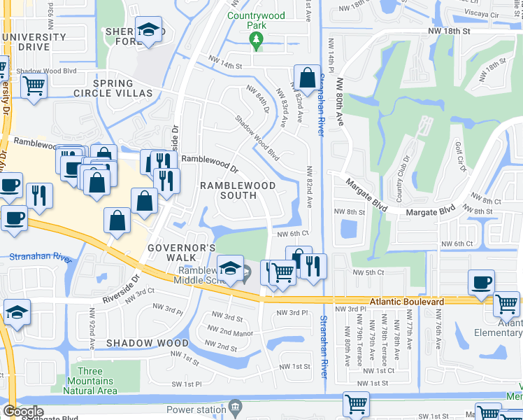 map of restaurants, bars, coffee shops, grocery stores, and more near 766 Ramblewood Drive in Coral Springs