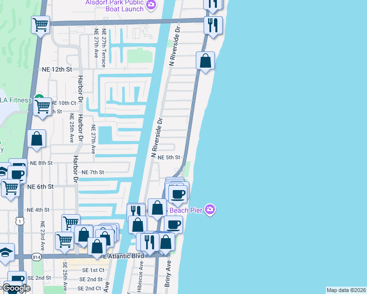 map of restaurants, bars, coffee shops, grocery stores, and more near 520 Florida A1A in Pompano Beach