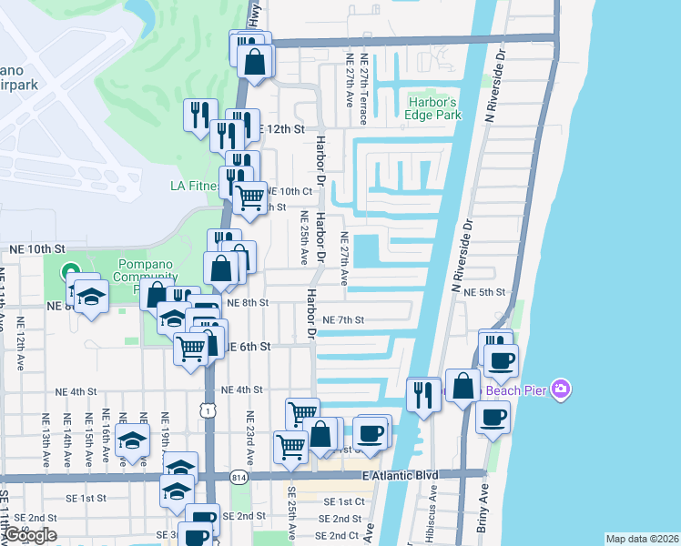 map of restaurants, bars, coffee shops, grocery stores, and more near 2695 Northeast 9th Street in Pompano Beach