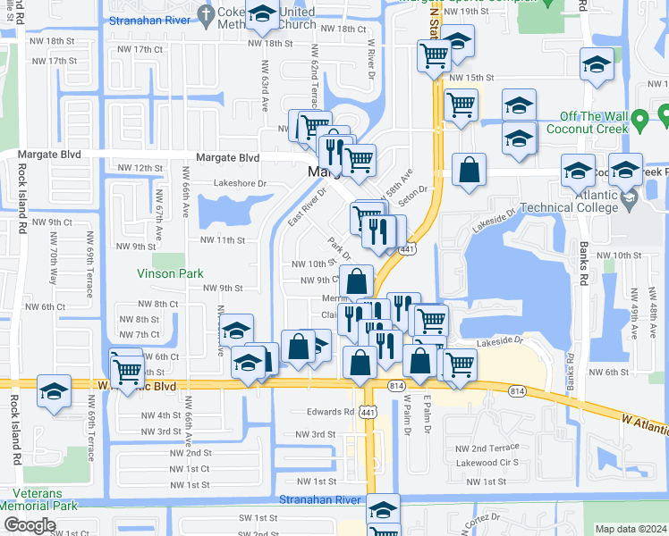 map of restaurants, bars, coffee shops, grocery stores, and more near 6009 Northwest 10th Street in Margate